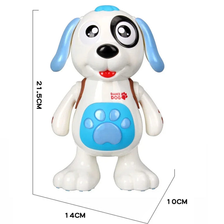 White and blue dog toy with a paw-shaped belly panel and size measurements