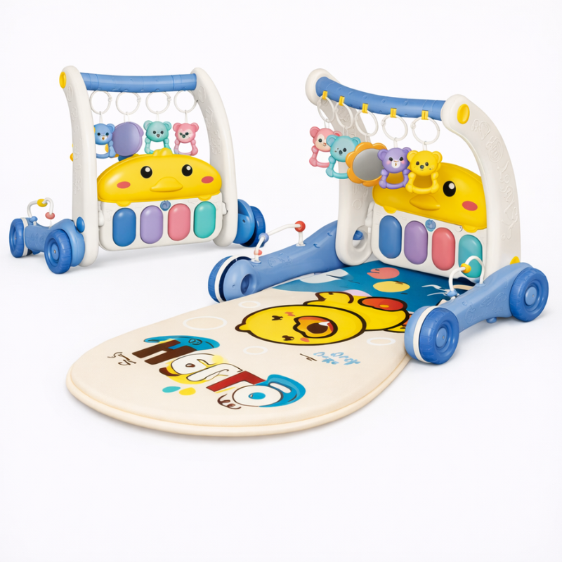 Blue and white duck gym and walker with hanging animal toys and a yellow duck-print mat