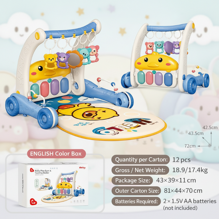Blue and white duck piano gym and walker with a duck mat, measurements, and packaging details