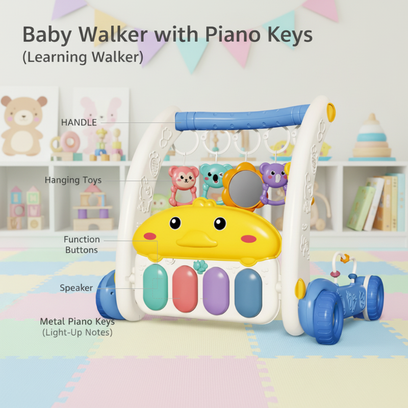 White and blue duck piano walker with labeled handle, hanging toys, buttons, and keys
