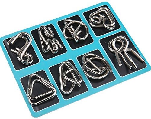 Blue tray holding eight metal puzzles in varied interlocking shapes.