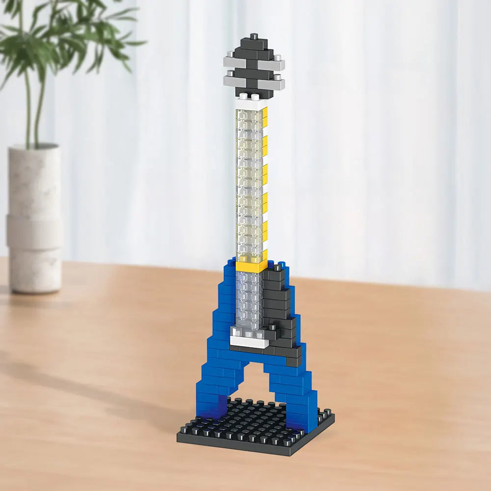 Blue electric guitar block model with a long gray neck and black base