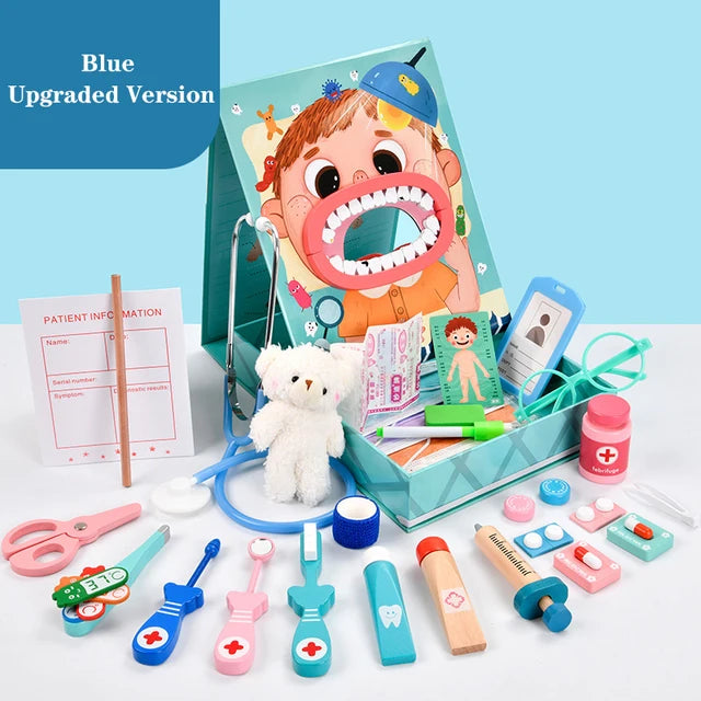 Blue Expanded dentist play set with a model mouth, storage box, and additional pretend tools