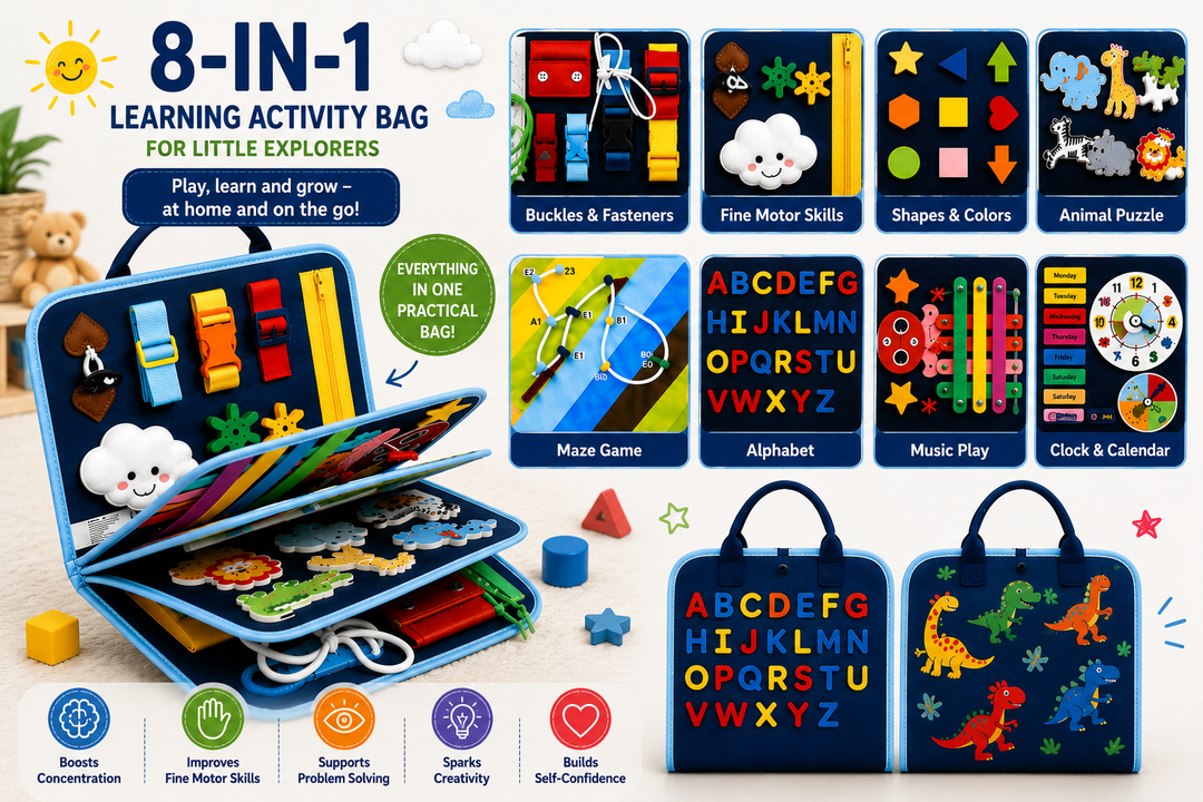 Blue busy board overview showing fasteners, matching panels, alphabet activities, and a clock.