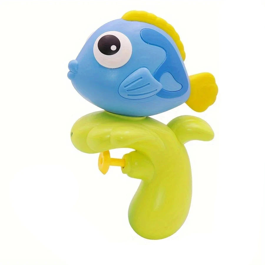Blue fish water squirter with a green handle, yellow fins and a yellow trigger