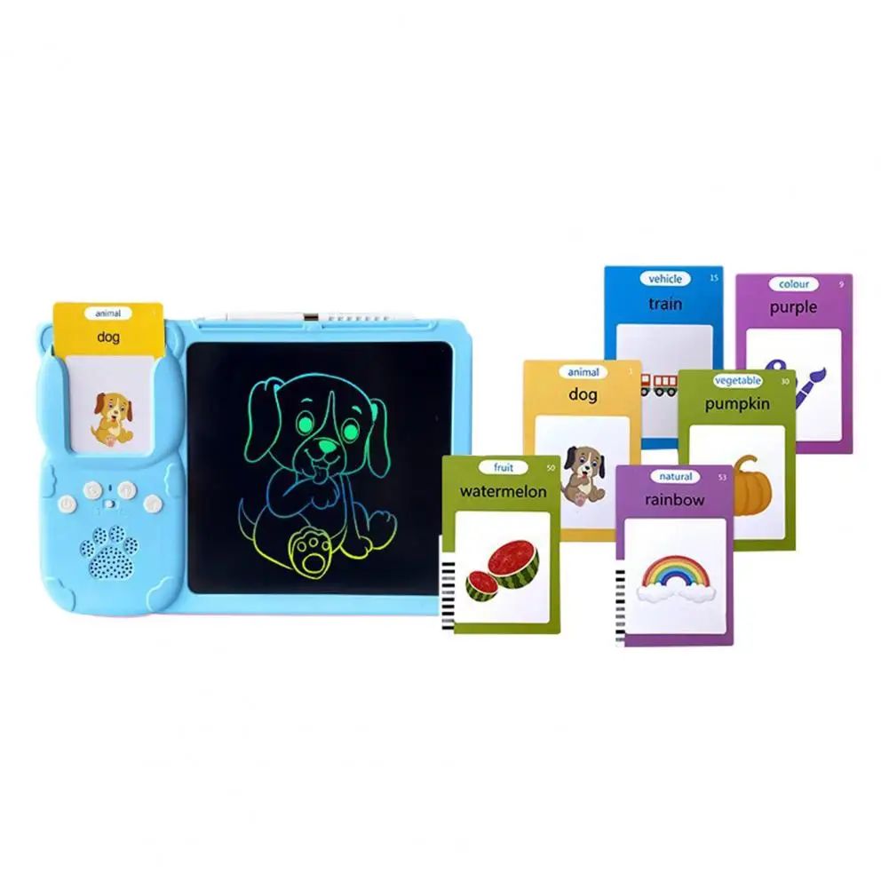 Blue flashcard learning tablet displaying a dog sketch beside illustrated word cards