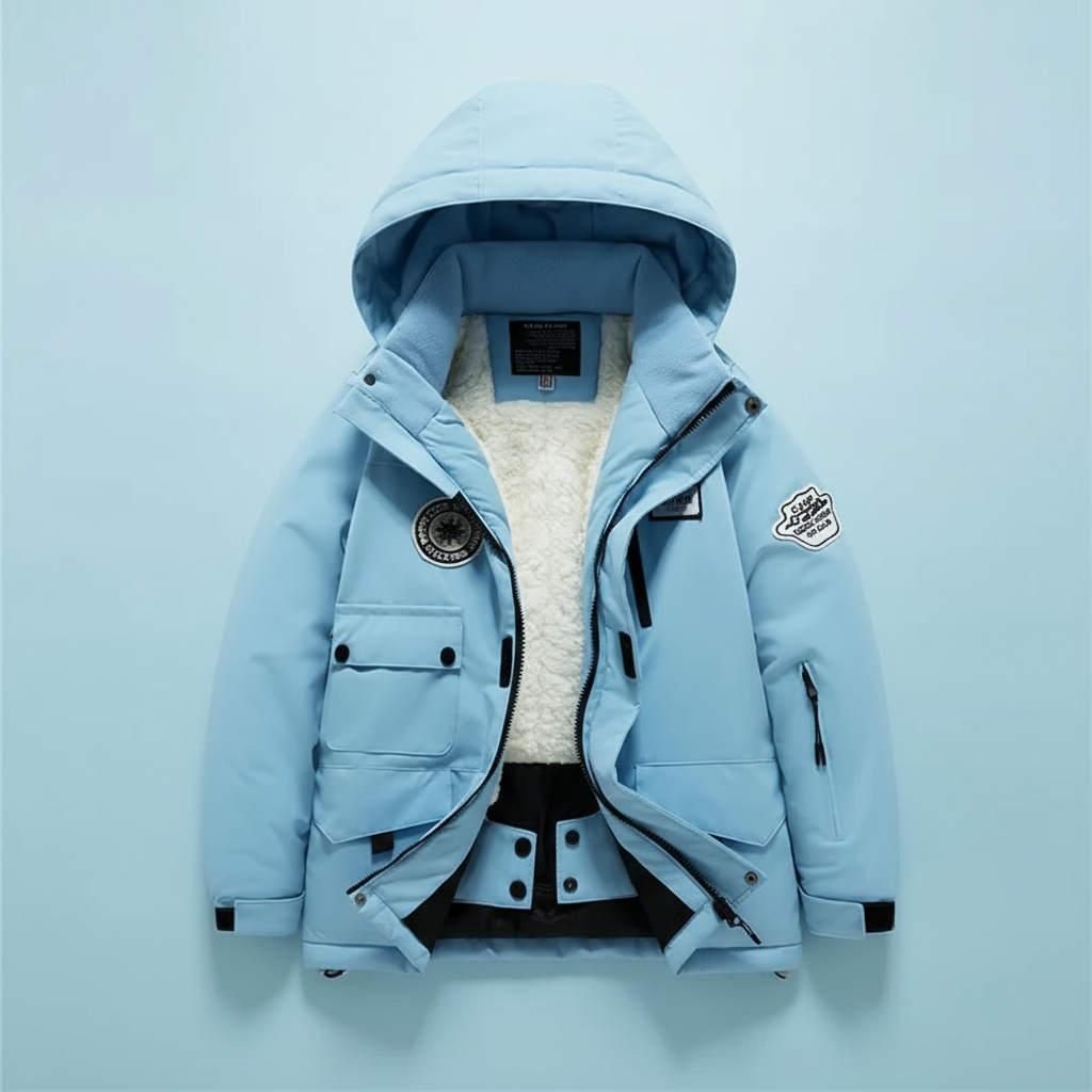 Blue hooded ski jacket with fleece lining and front pockets