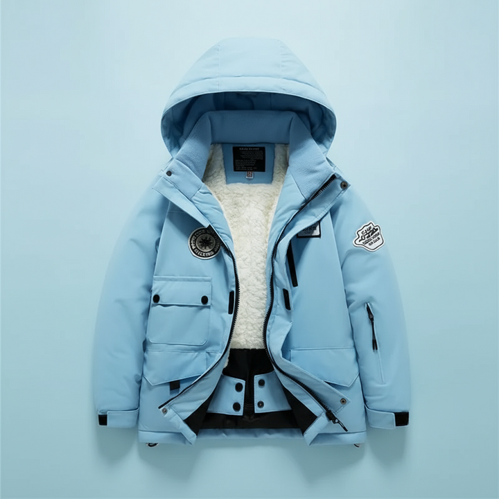 Blue hooded ski jacket with fleece lining and front pockets