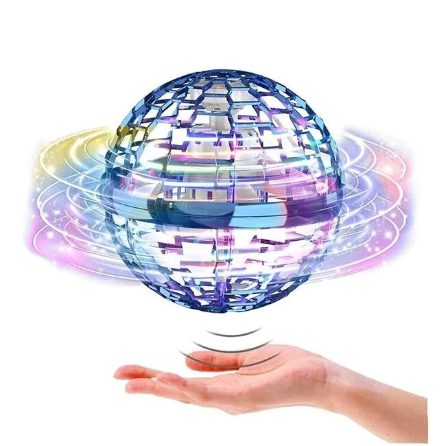 Blue flying boomerang ball shown above a hand with colorful light trails