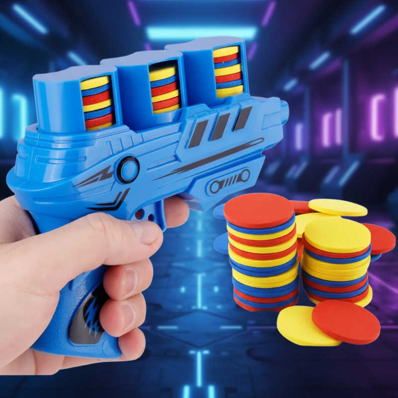 Blue foam disc blaster held in one hand beside stacks of colorful foam discs