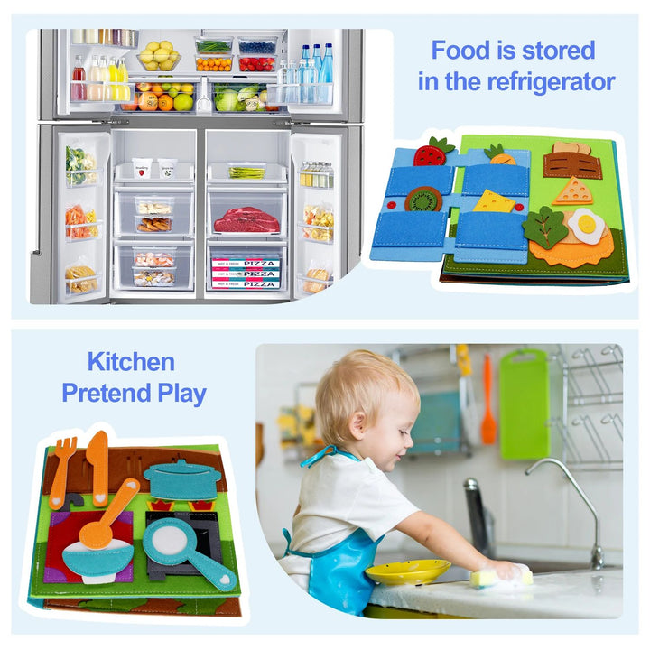 Food-storage and kitchen activity pages shown alongside a refrigerator and a child at a sink