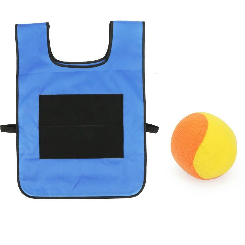 Blue game vest with a black catch panel and a yellow-and-orange ball