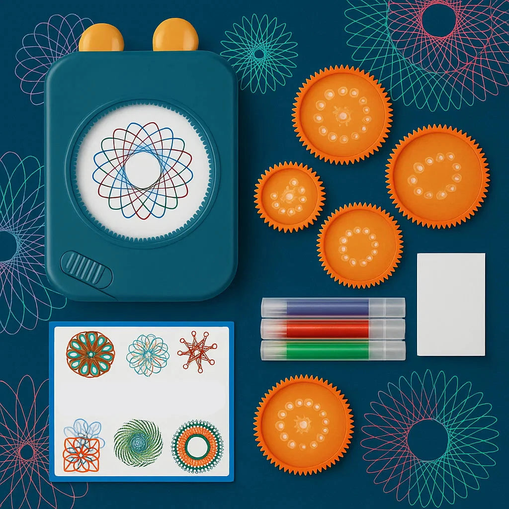 Blue storage case with five orange drawing gears, colored pens, paper, and pattern examples