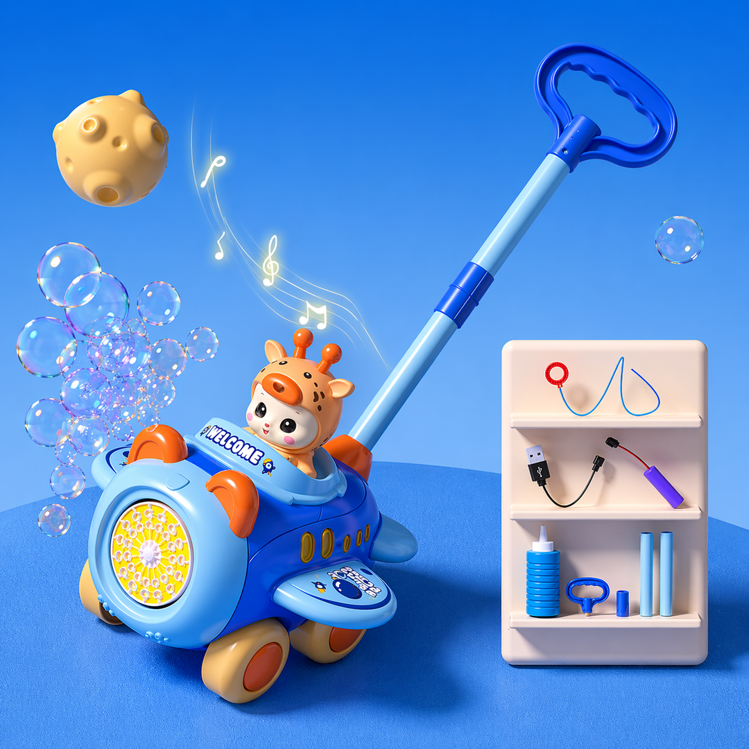 Blue airplane-style bubble push cart with a giraffe character, blue handle and accessory inset.