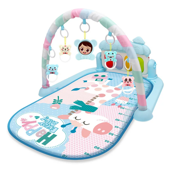 Blue giraffe-print baby gym with a pastel-striped arch and hanging toys