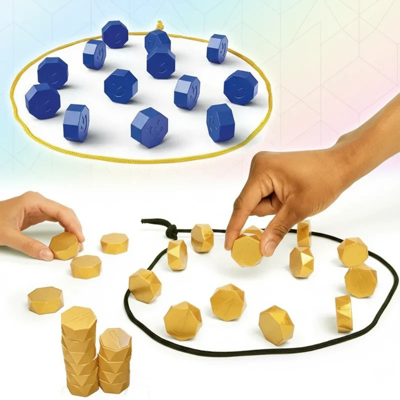Blue and gold magnetic stones arranged in cord loops with hands demonstrating play