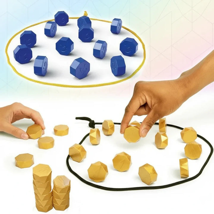 Blue and gold magnetic stones arranged in cord loops with hands demonstrating play