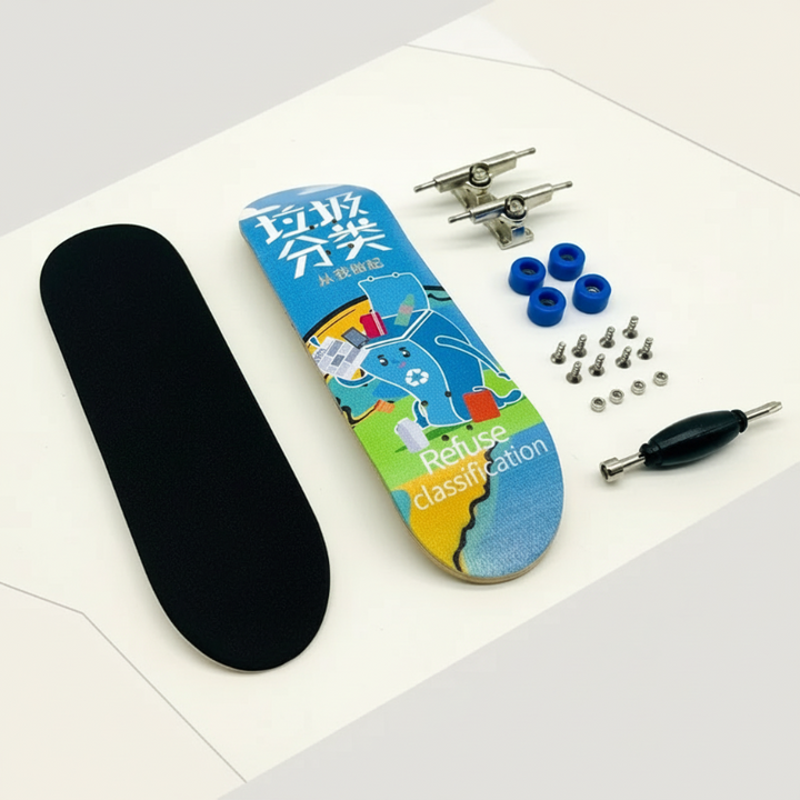Blue graphic fingerboard deck with a black grip pad, blue wheels, metal trucks, hardware, and a tool.