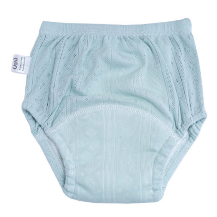 Pale blue-green cotton training pants with a gathered waistband and rounded front panel.