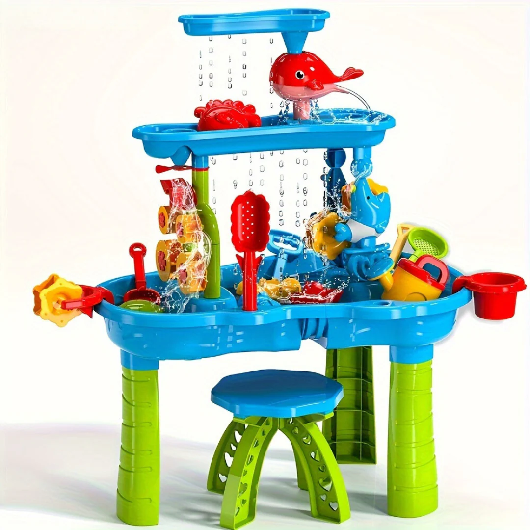 Blue three-tier sand and water table with green legs, colorful play accessories, and a matching stool
