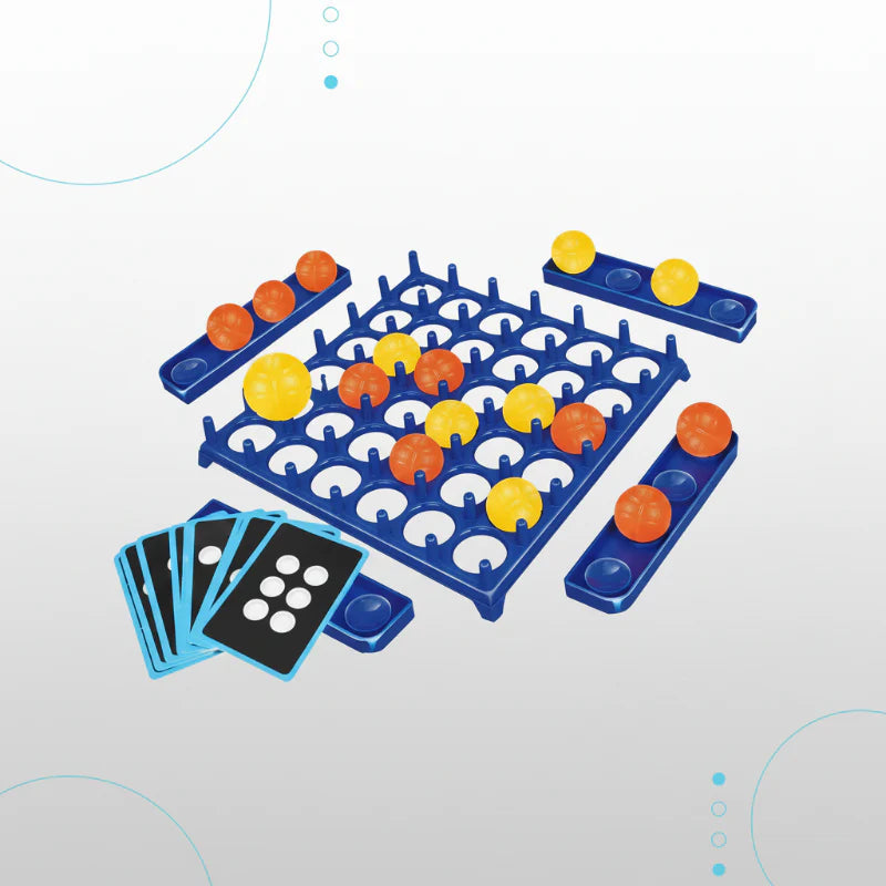 Blue grid game board with yellow and orange balls, four trays, and pattern cards