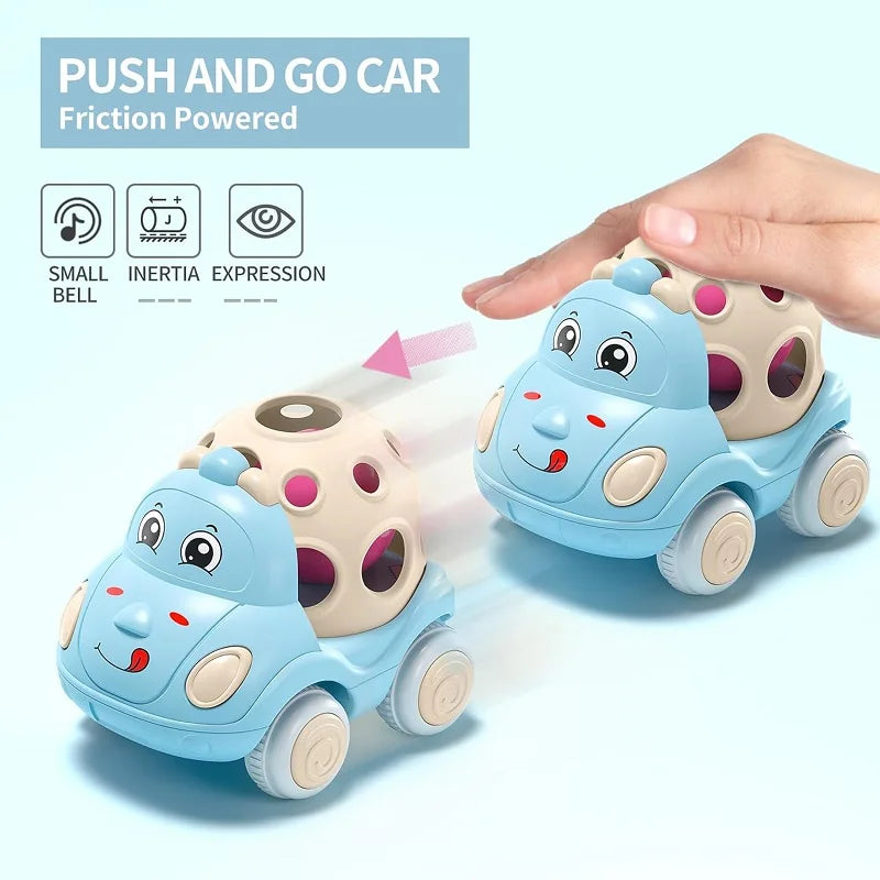 Hand pushing a blue hippo toy car forward to demonstrate friction-powered rolling