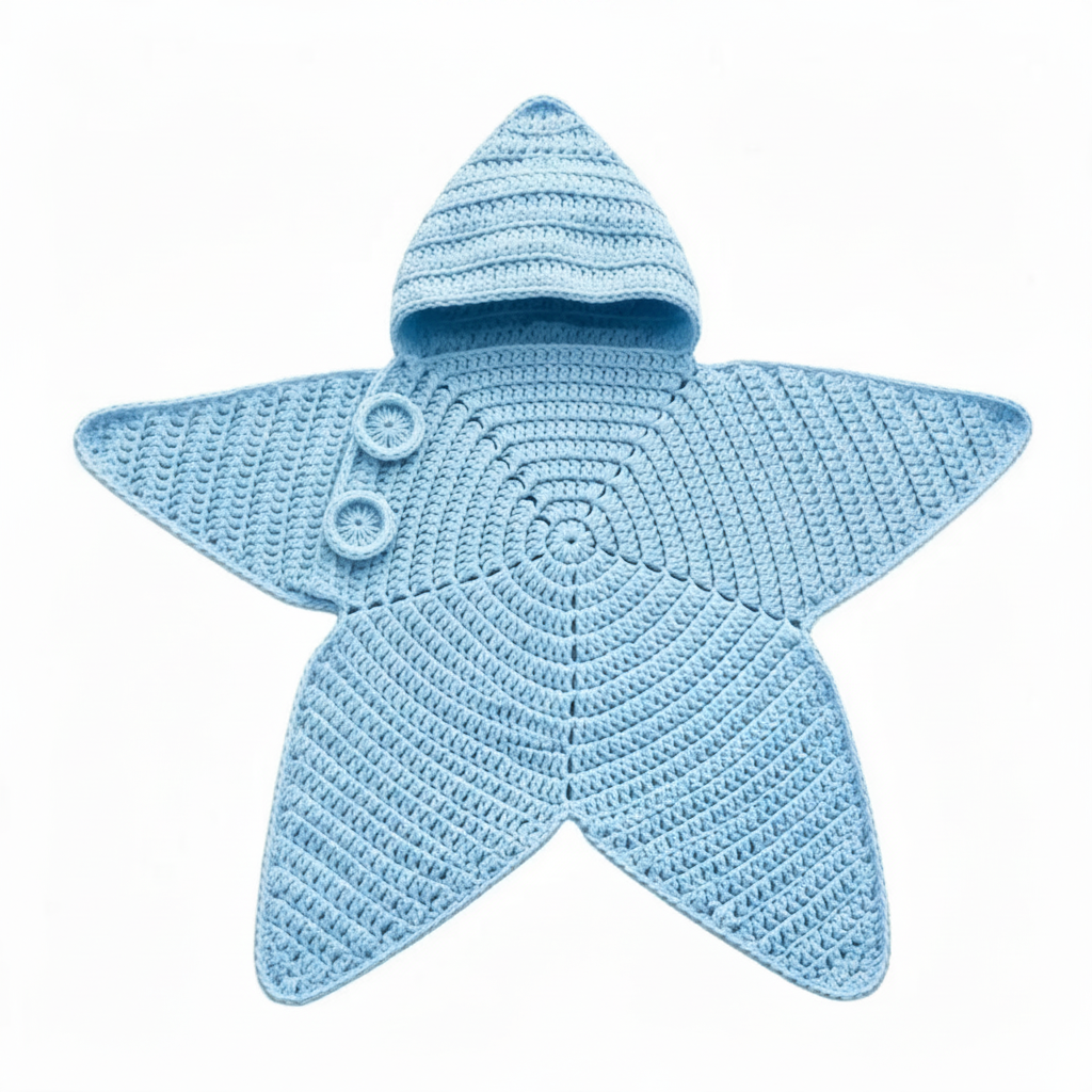 Blue star-shaped knit baby jumpsuit with a hood and two front buttons