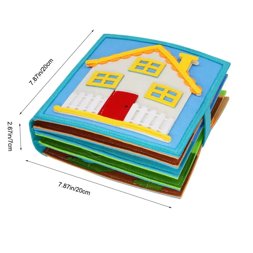 Blue house-cover fabric activity book with dimension arrows showing its height, width, and thickness