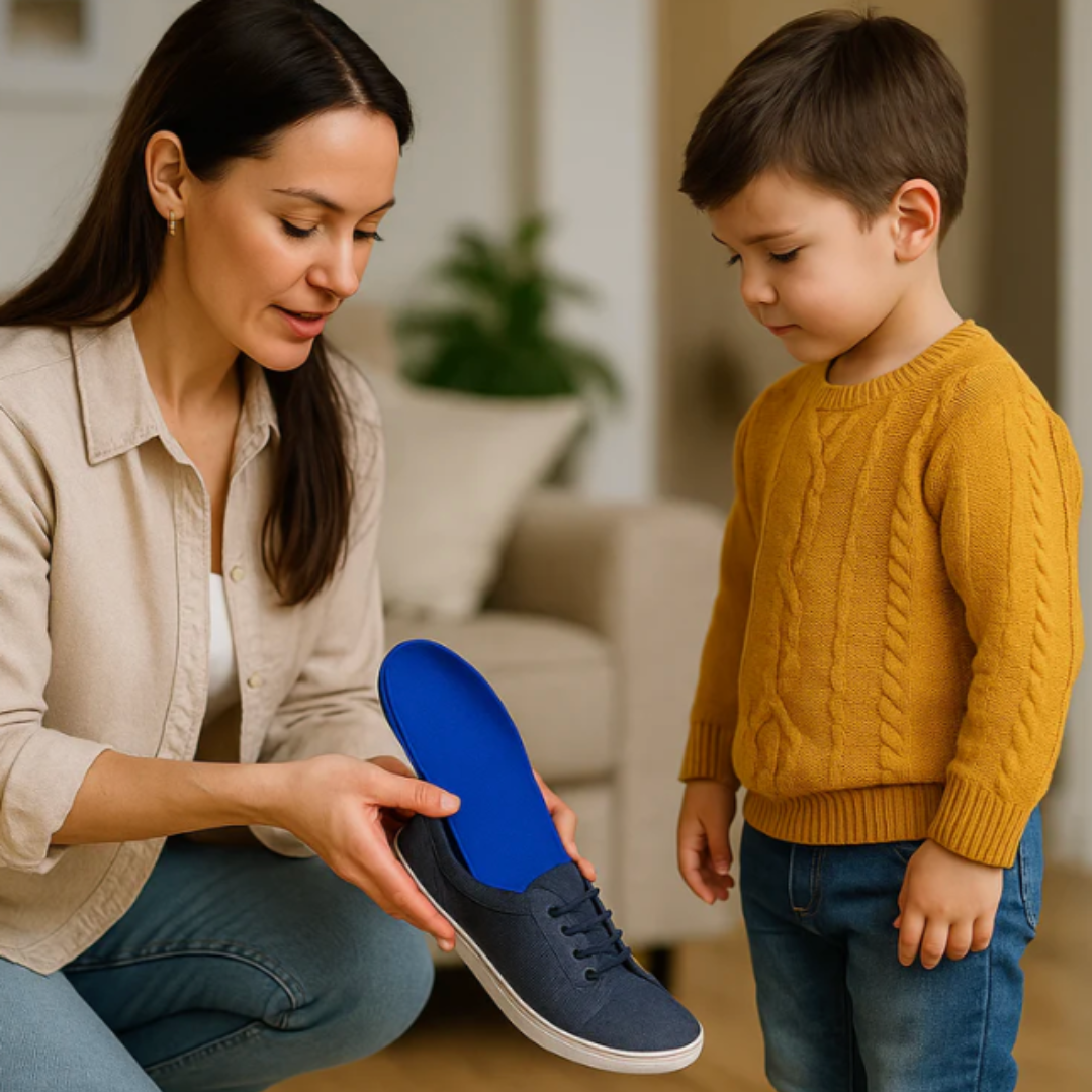 Woman placing a blue insole into a child&