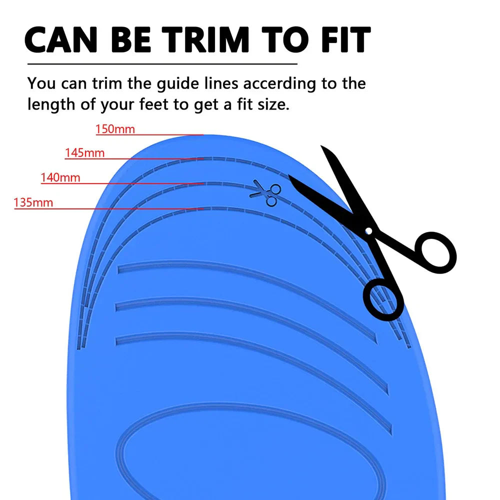 Blue insole trim guide with scissors and foot-length marks from 135 to 150 mm