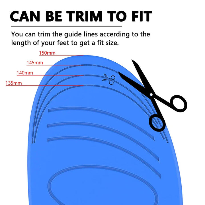 Blue insole trim guide with scissors and foot-length marks from 135 to 150 mm