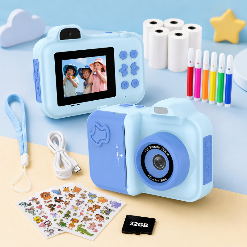 Blue instant-print camera kit with paper rolls, coloring pens, stickers, a neck strap and a memory card