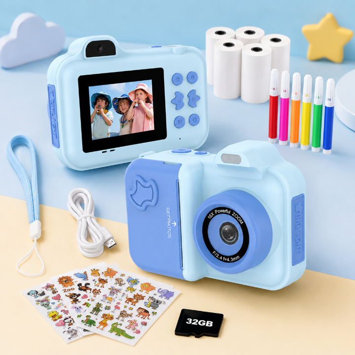 Blue instant-print camera kit with paper rolls, coloring pens, stickers, a neck strap and a memory card