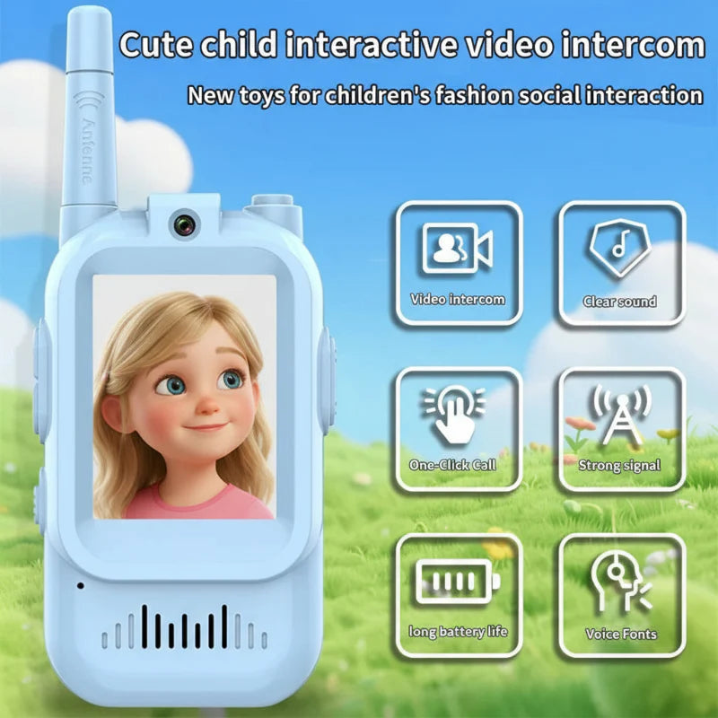 Blue video intercom with icons for video calls, sound, one-button calling, signal, and battery