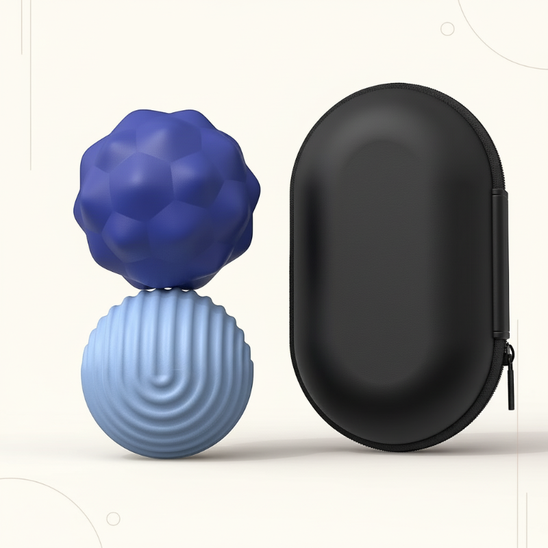 Two large blue magnetic fidget beads with bumpy and ridged surfaces beside a black zippered case