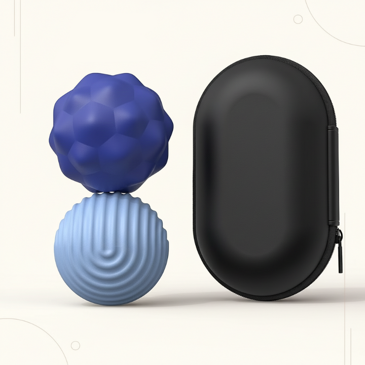 Two large blue magnetic fidget beads with bumpy and ridged surfaces beside a black zippered case