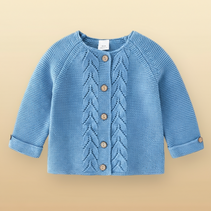 Blue baby cardigan with leaf-pattern knit panels and folded sleeve cuffs