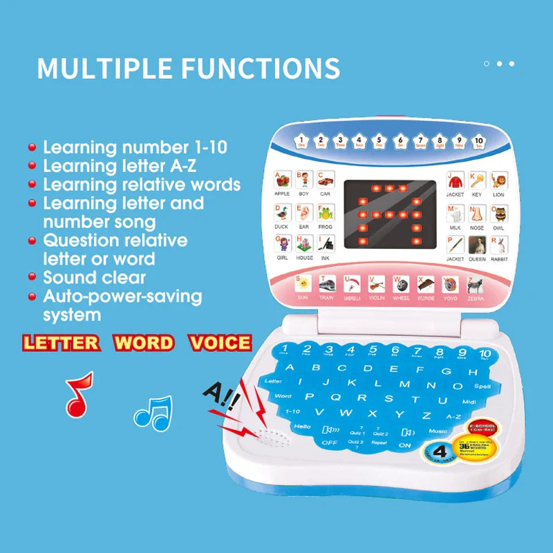Blue learning laptop with letter keys, number buttons, picture-word labels, and learning function callouts