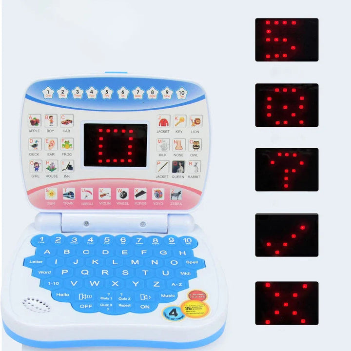 Blue learning laptop with examples of red LED characters and symbols