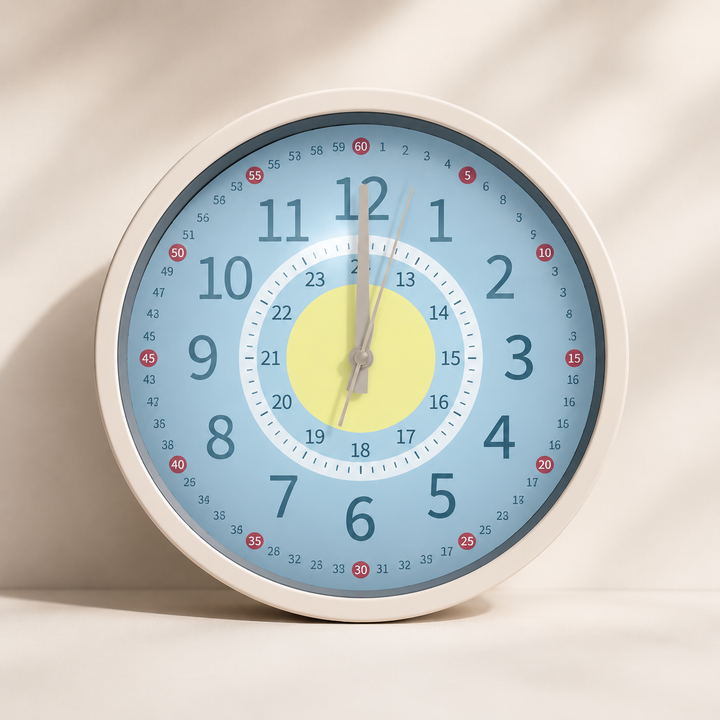 Blue learning wall clock with a yellow center, 24-hour numbers, and minute markings