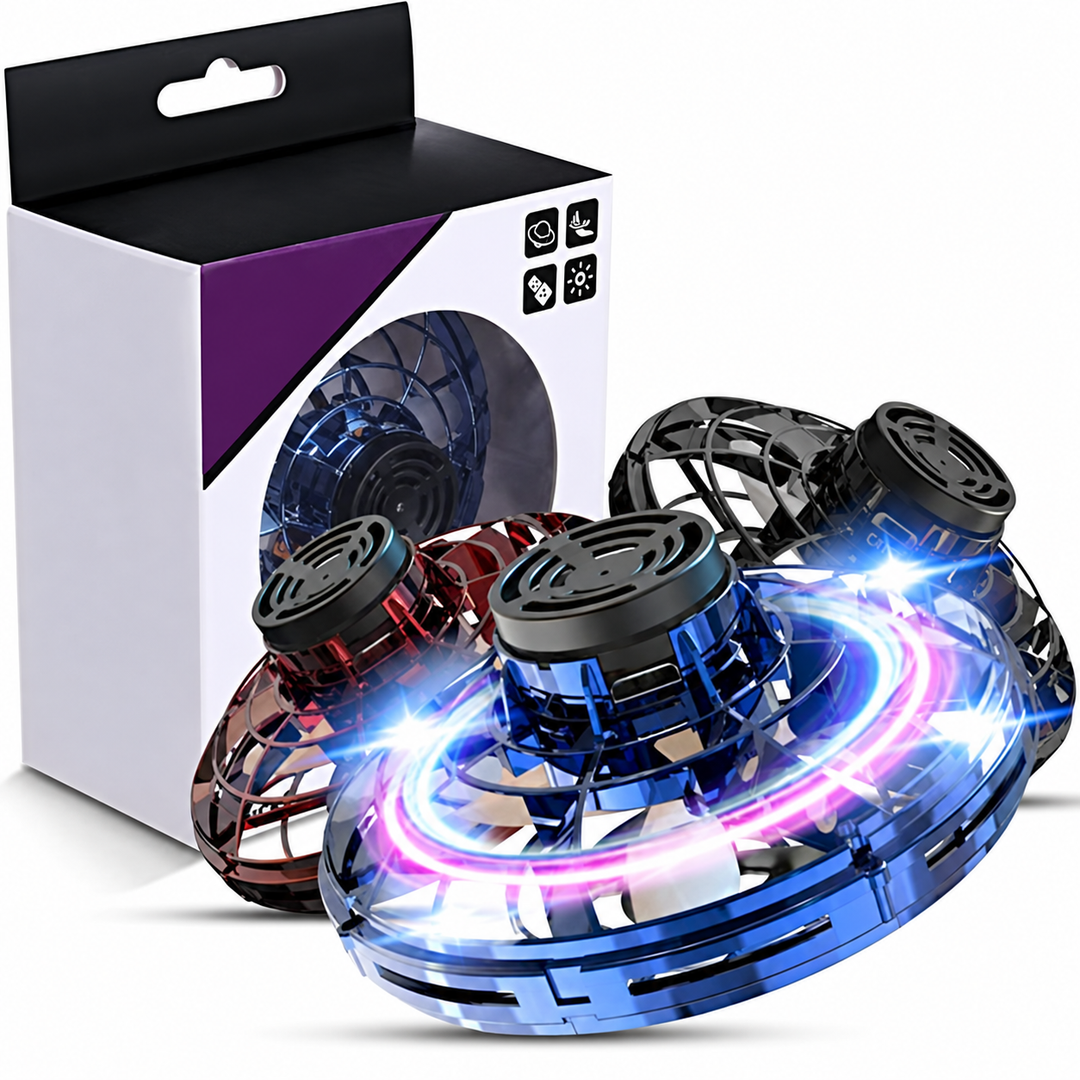 Blue UFO drone with a glowing light ring, red and black versions, and retail packaging