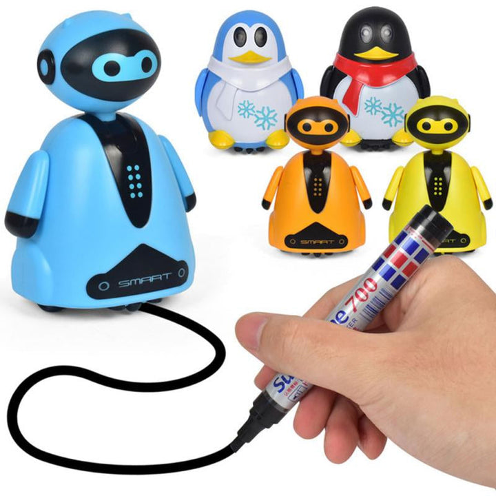 Blue robot beside a hand drawing a black route, with robot and penguin styles in the background.