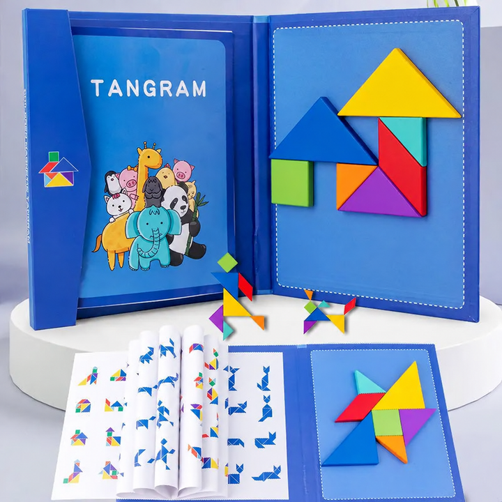 Blue tangram booklet with colorful wooden pieces and an illustrated pattern guide