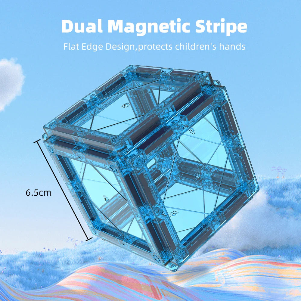 Blue magnetic tiles forming a cube with a 6.5 cm edge measurement