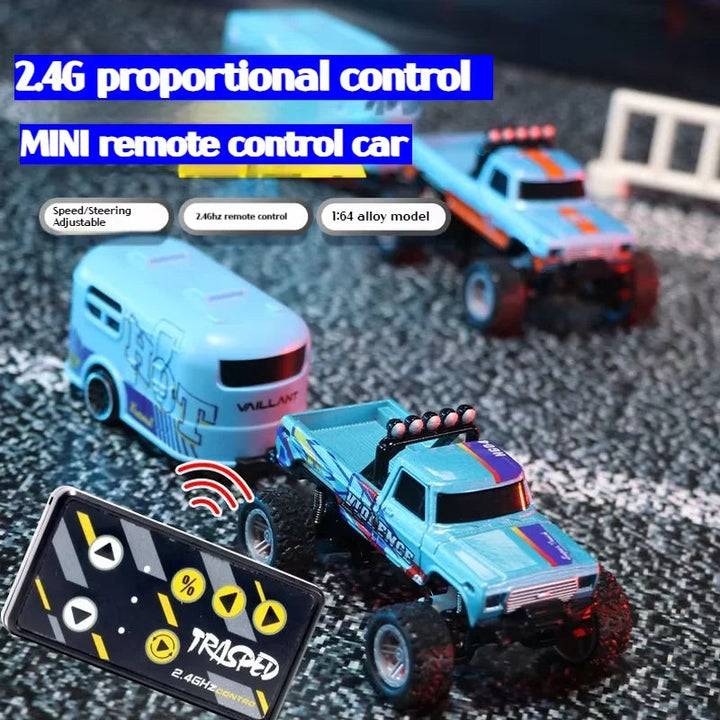 Blue mini RC trucks in a miniature vehicle scene with a compact 2.4 GHz remote.