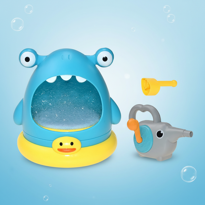 Blue monster bubble bath toy with an elephant-shaped crank blower and yellow blowing tube