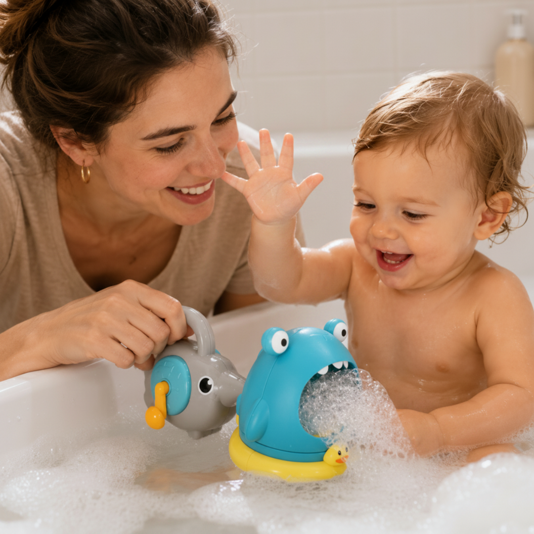 Adult and child using the blue monster bubble toy in a foamy bath