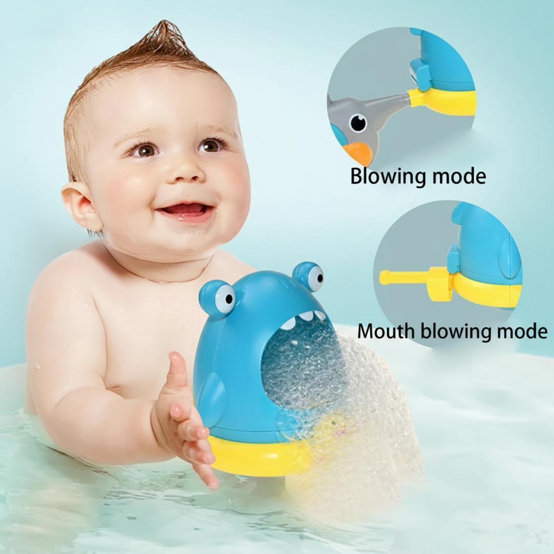 Blue monster bubble toy with hand-crank and mouth-blowing mode illustrations