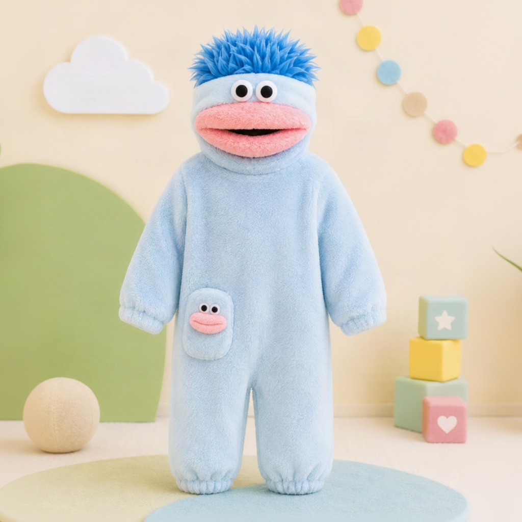 Light blue hooded monster onesie with blue hair, a pink mouth and a matching front face detail