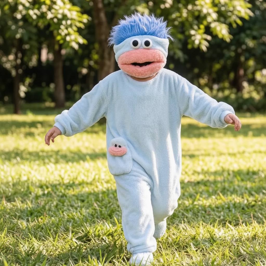 Child walking on grass in a light blue monster onesie with arms stretched out